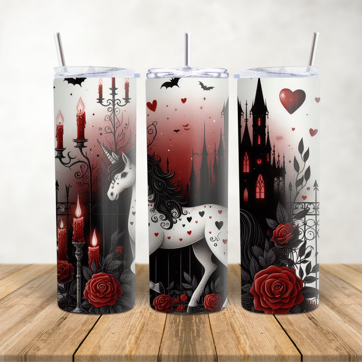 20oz Skinny Tumbler for hot & cold drinks gothic heart & roses unicorn