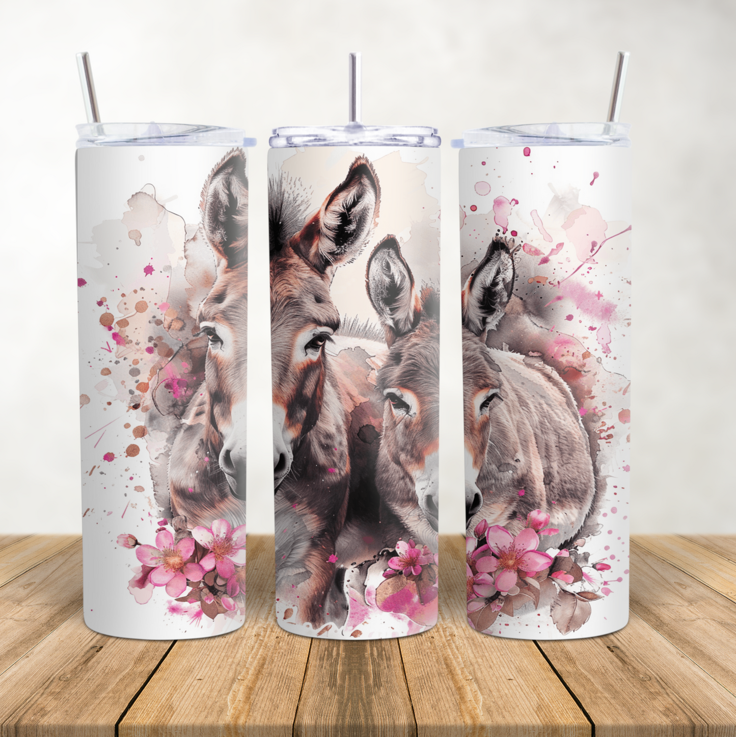 20oz Skinny Tumbler for hot and cold drinks "Cute Donkey's and pink flowers""
