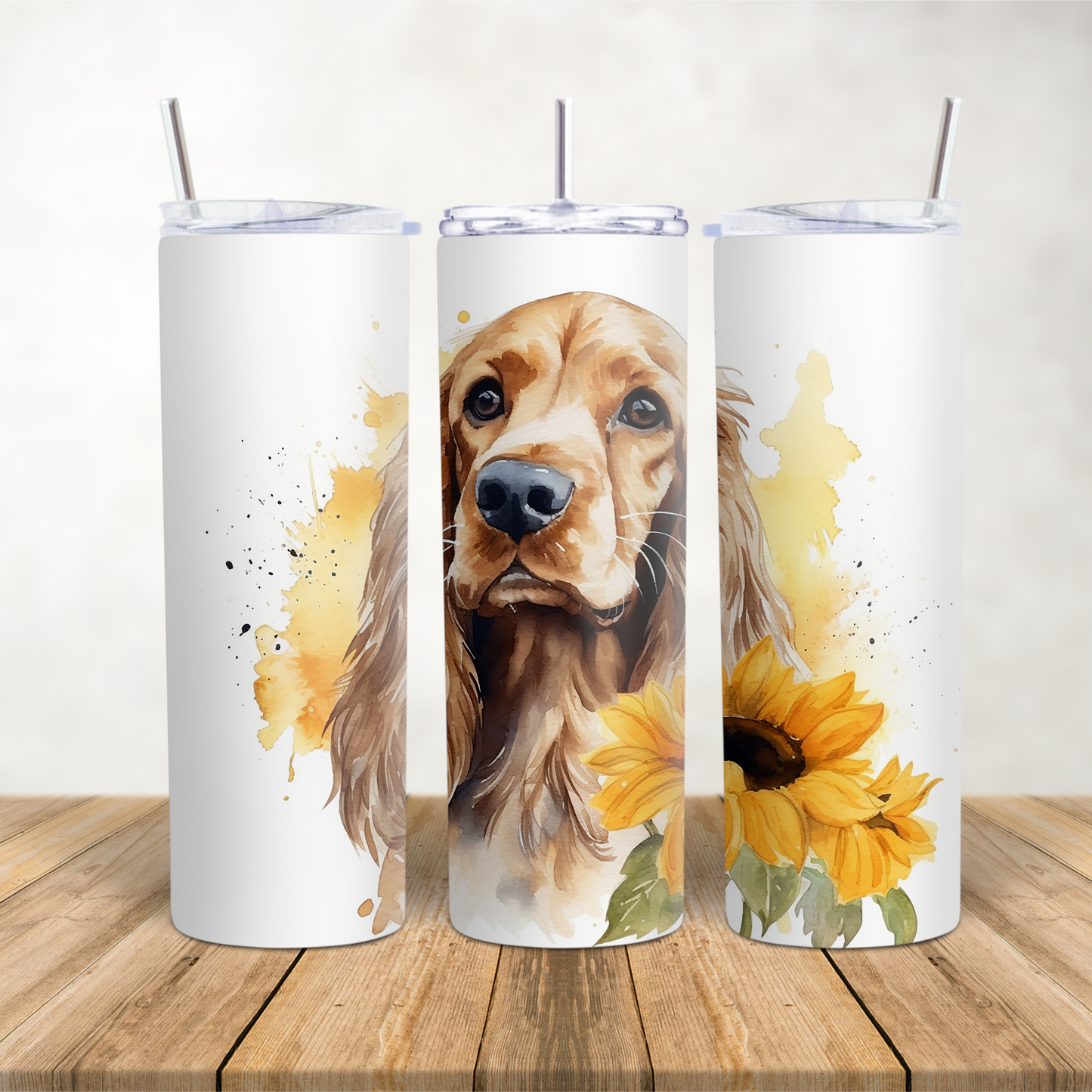 20oz Skinny Tumbler for hot & cold drinks "Cocker Spaniel dog with sunflowers"