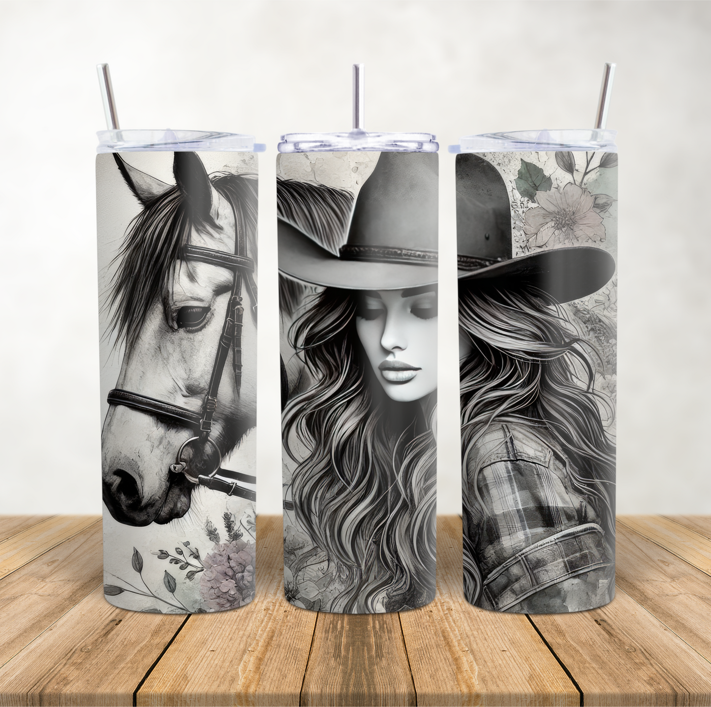 20oz Skinny Tumbler for hot & cold drinks Cowgirl & horse