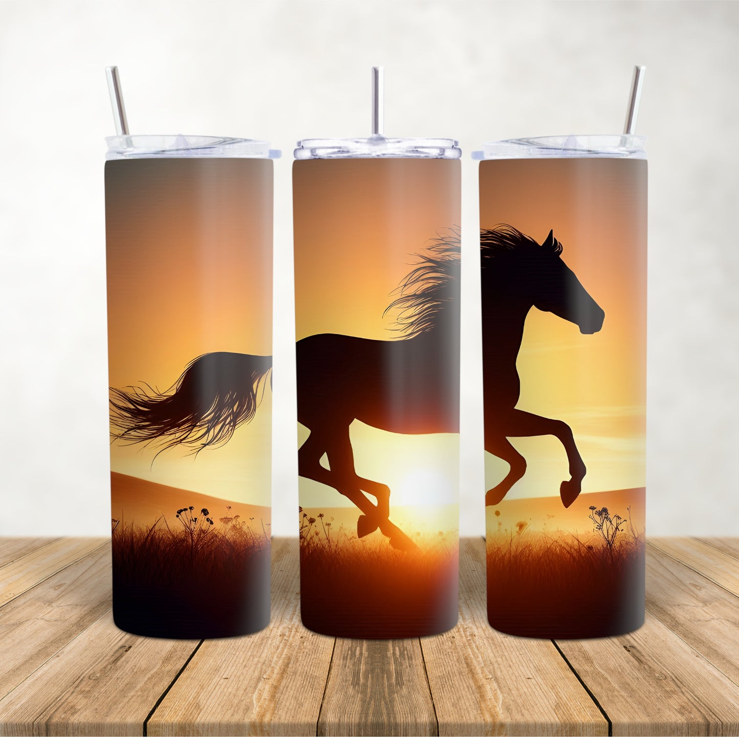 20oz Skinny Tumbler for hot & cold drinks galloping horse golden sunset