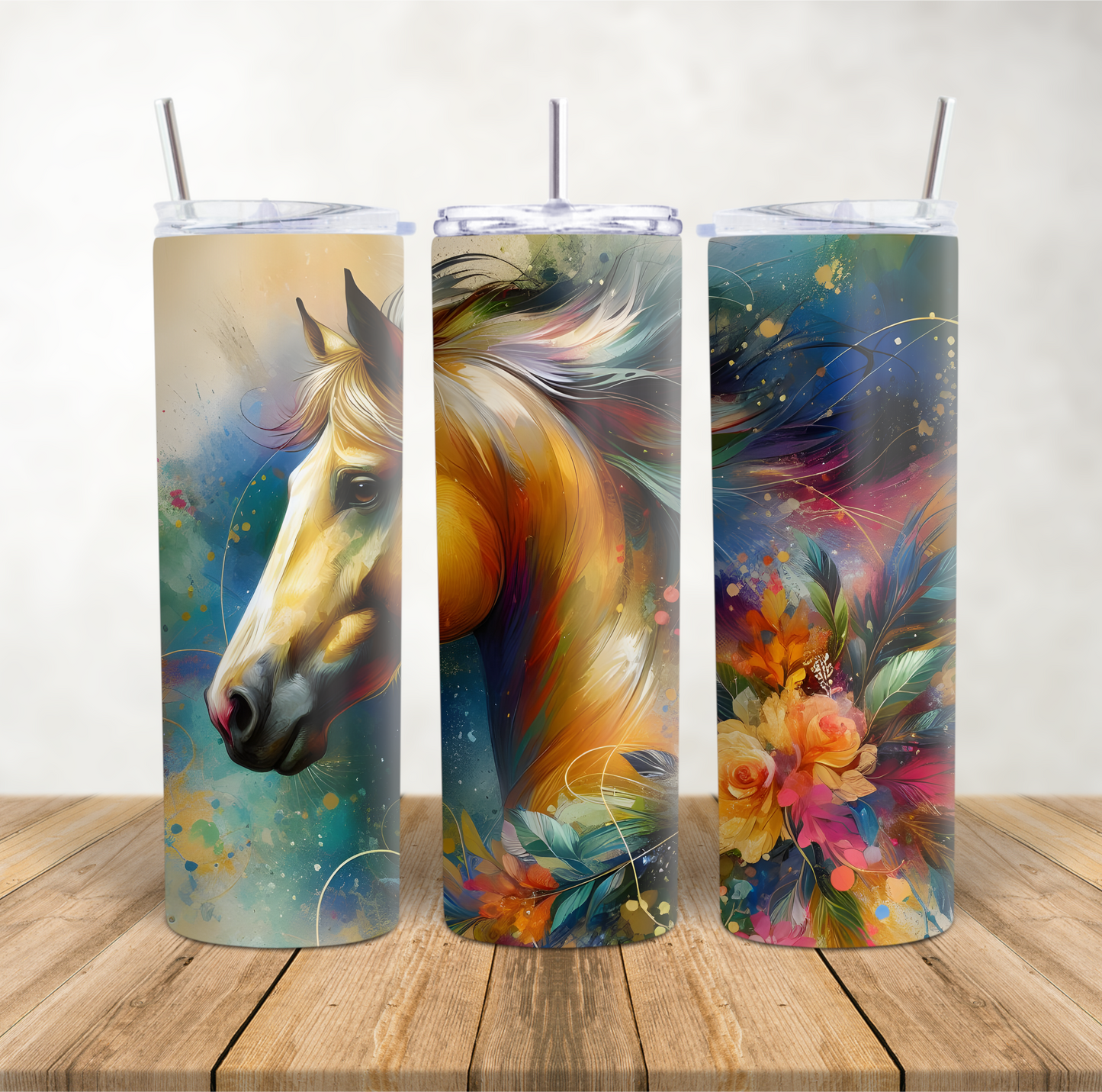 20oz Skinny Tumbler for hot & cold drinks Golden floral horse head