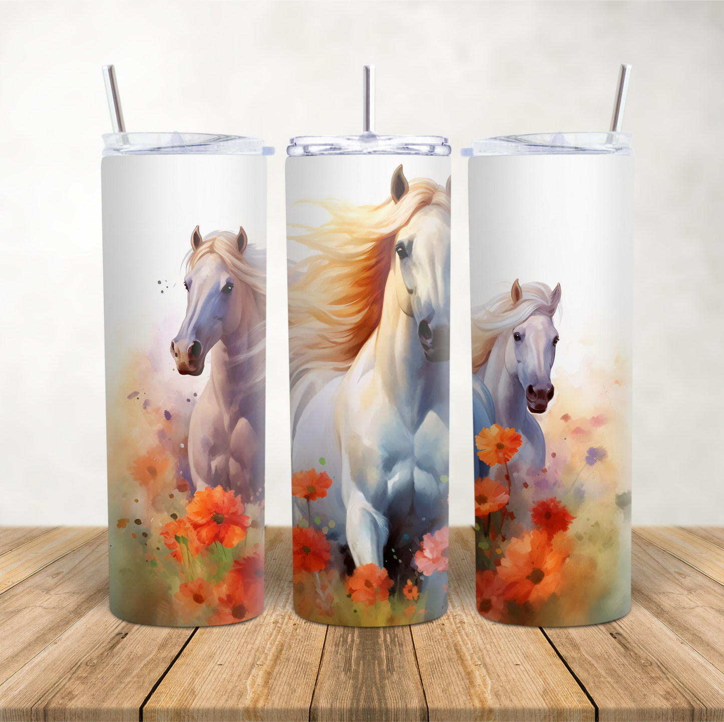 20oz Skinny Tumbler for hot & cold drinks "Grey galloping horses red flowers"