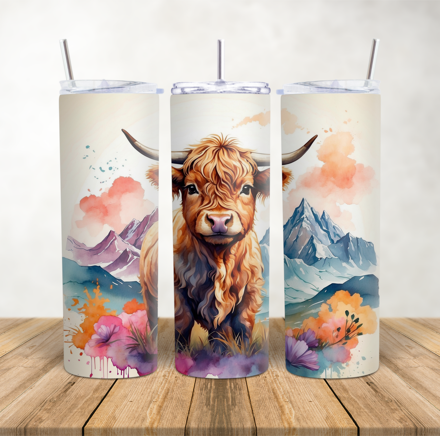 20oz Skinny tumbler for hot & cold drinks "Highland Cow mountains colour splash"