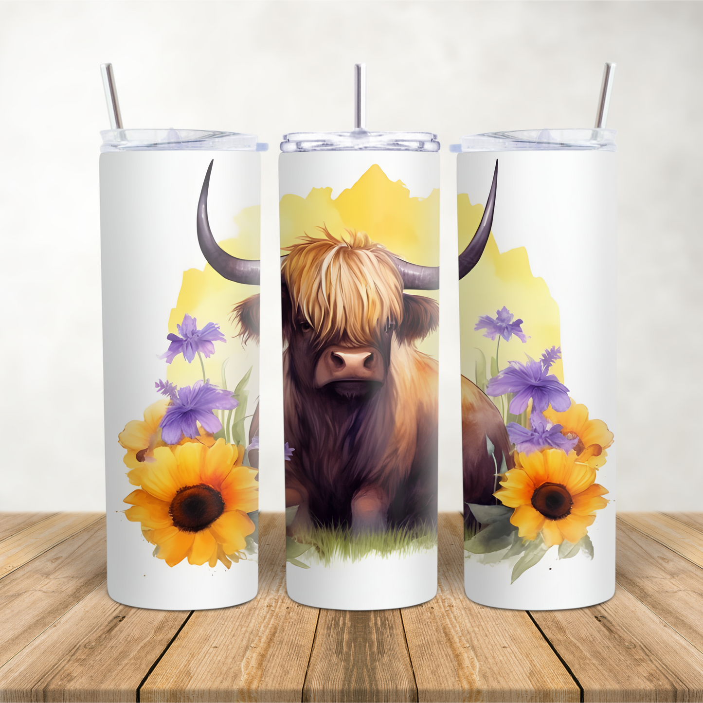 20oz Skinny Tumbler for hot & cold drinks Highland Cow with sunflowers & purple flowers
