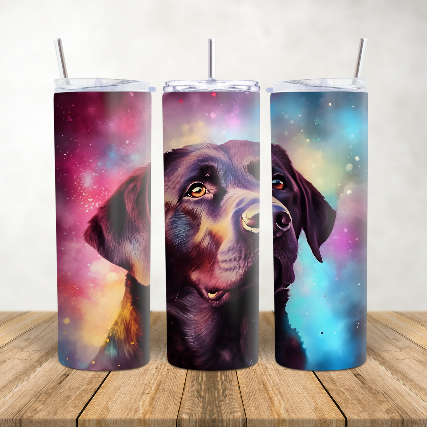 20oz Skinny Tumbler for hot & cold drinks "Galaxy Chocolate Labrador dog"