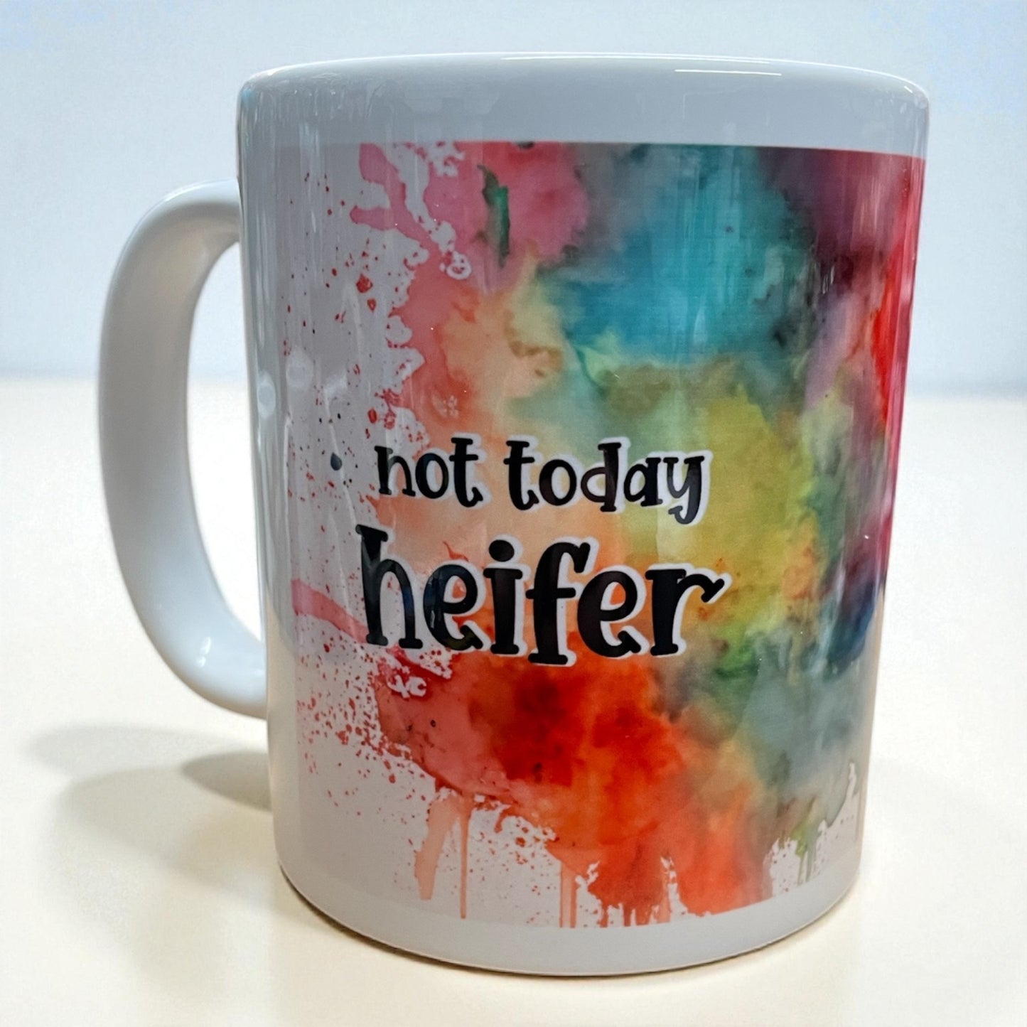 Funny Highland Cow bright watercolour ceramic mug 11oz "Not today Heifer"