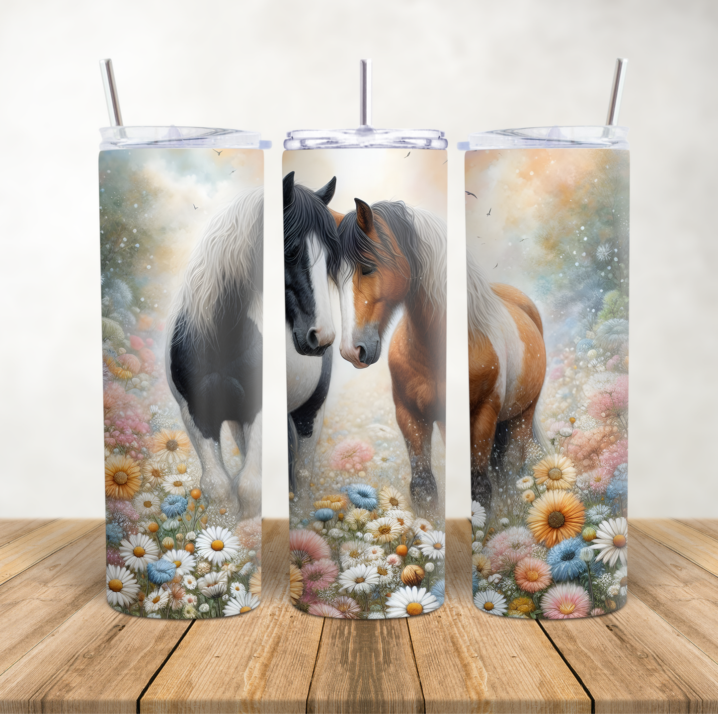 20oz Skinny Tumbler for hot & cold drinks "Piebald & Skewbald horses flowers"
