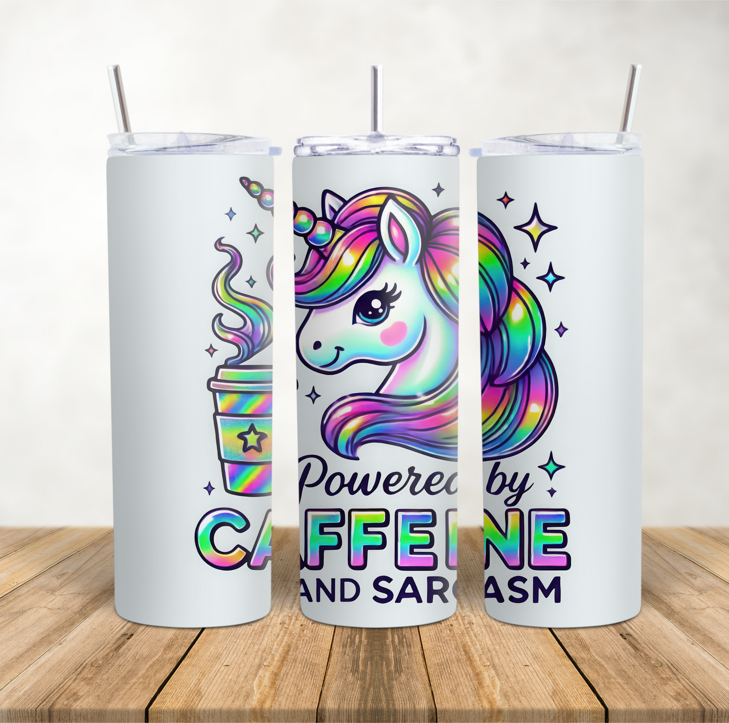 20oz Skinny Tumbler funny unicorn theme "Powered by caffeine & sarcasm"
