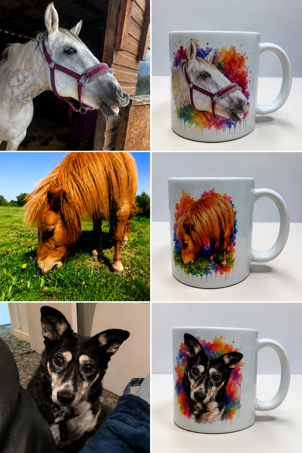 Watercolour splash rainbow mug, personalised with your horse, dog, cat picture 11oz ceramic mug