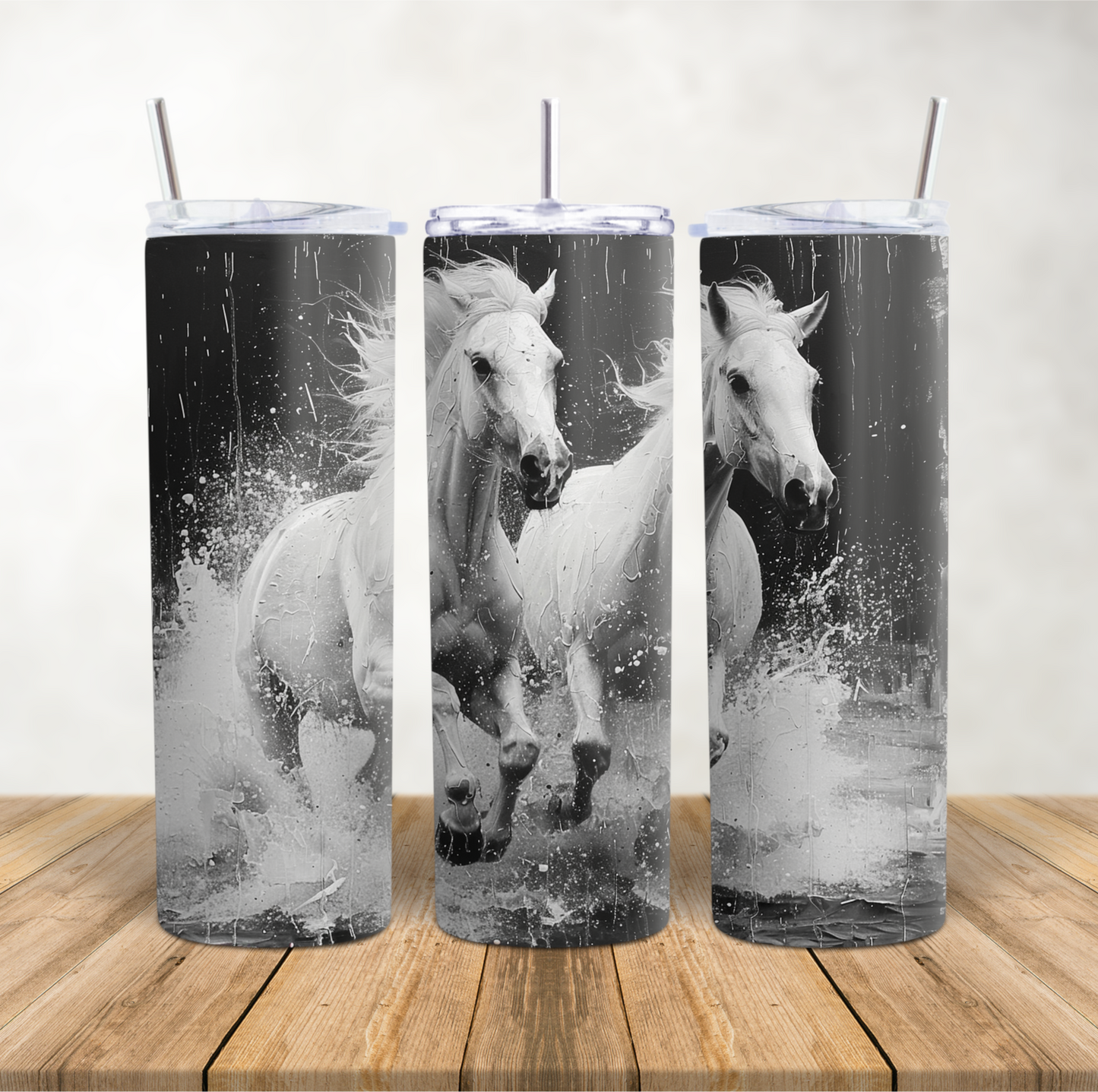20oz SkinnyTumbler for hot & cold drinks "Galloping in water Grey mono horses"