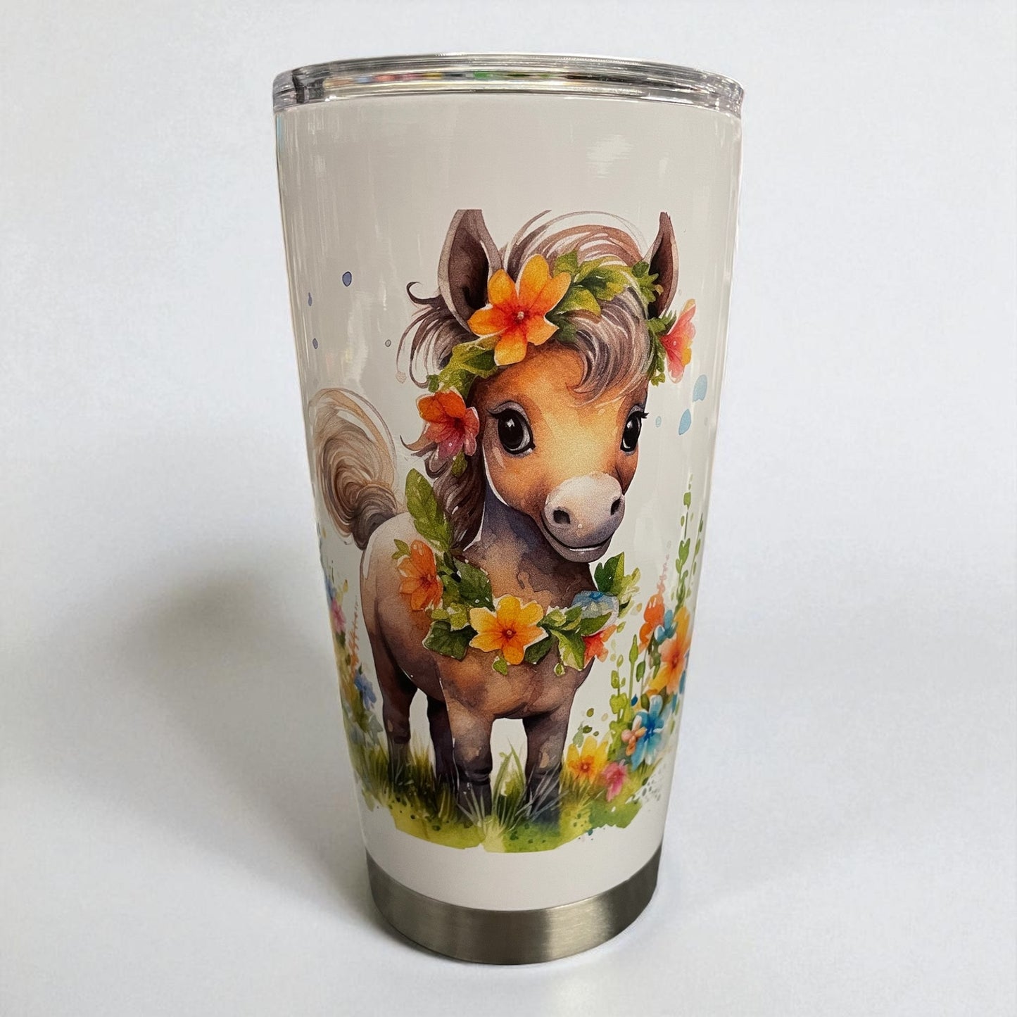 20oz Tumbler "Cute floral brown pony" cup with metal straw (107)