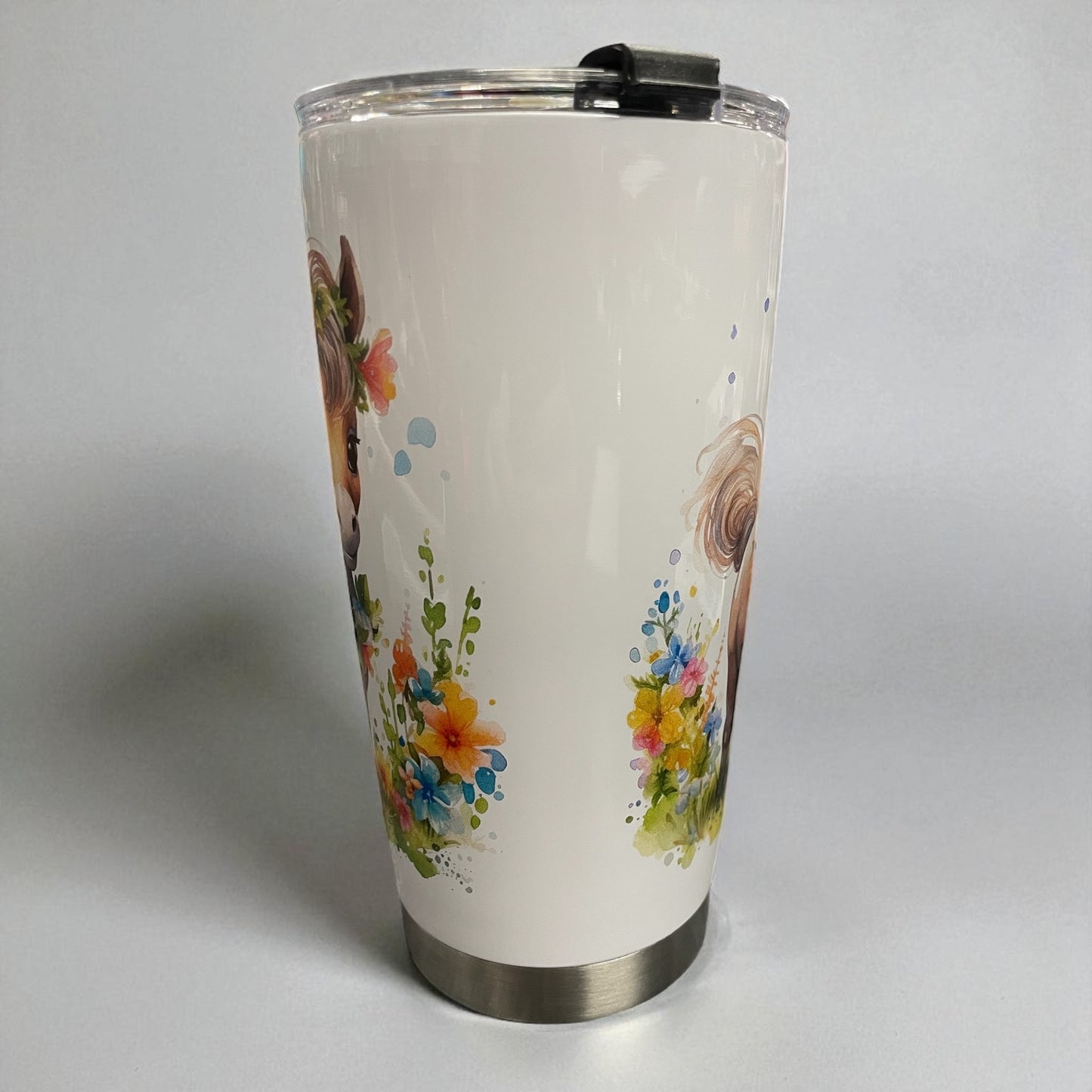 20oz Tumbler "Cute floral brown pony" cup with metal straw (107)