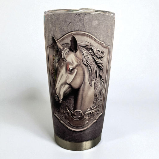 20oz Tumbler "Majestic steel grey horse head" cup with metal straw (108)