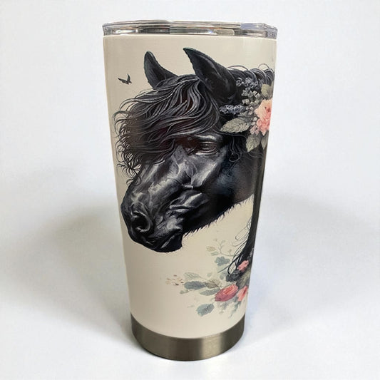 20oz Tumbler "Black Fell/Dales type floral pony head" horse cup with straw (110)