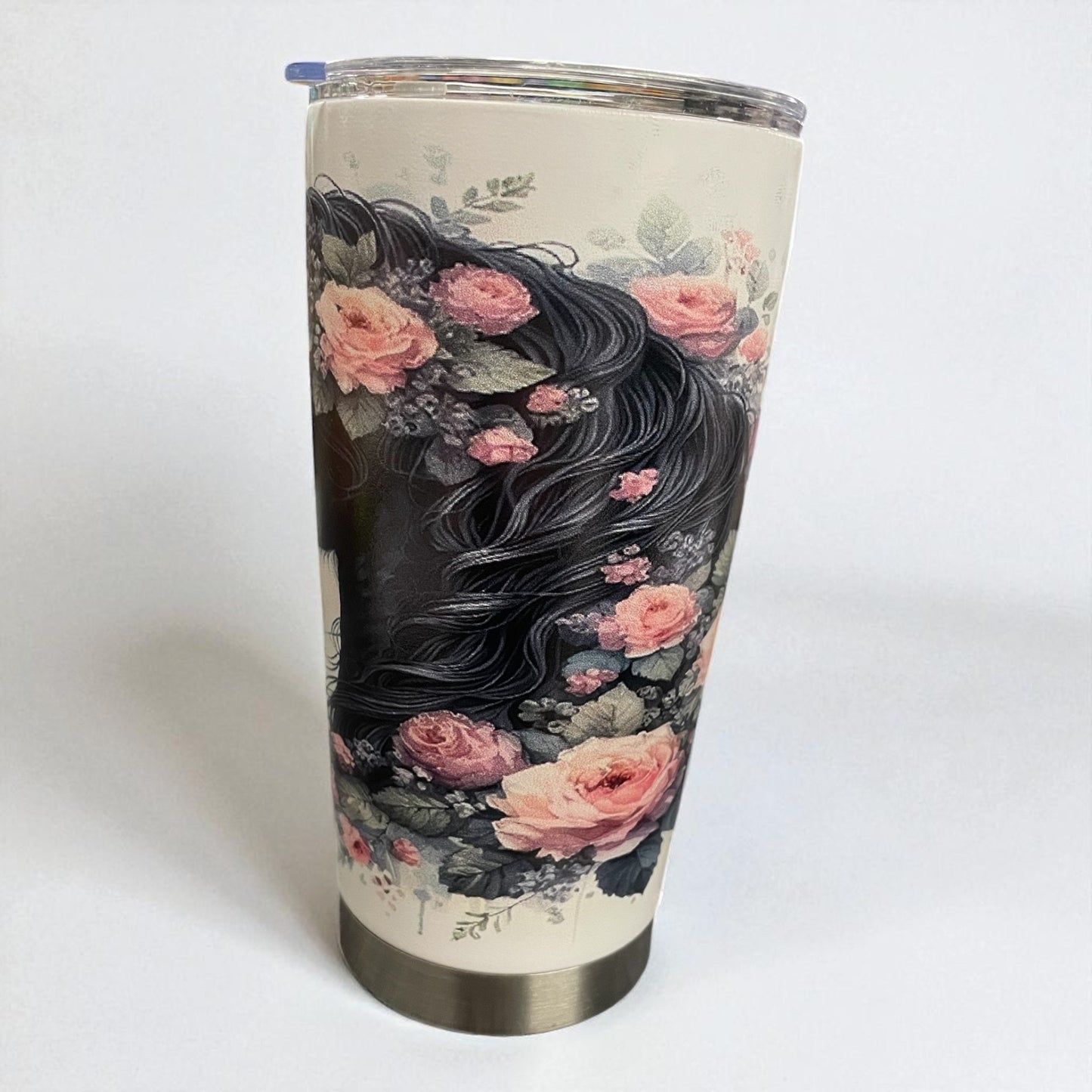 20oz Tumbler "Black Fell/Dales type floral pony head" horse cup with straw (110)