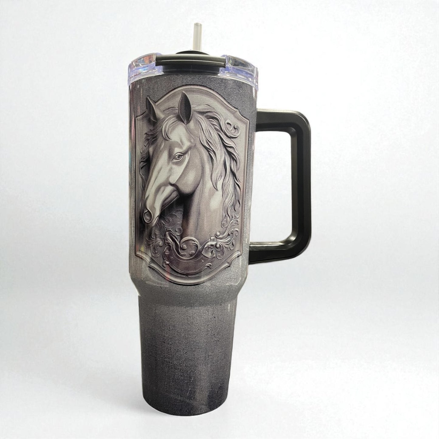 40oz Tumbler "Majestic steel grey horse head" large cup with handle & straw (200)