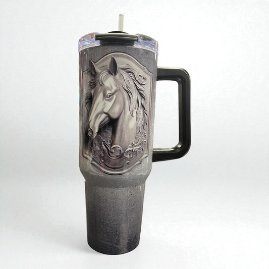40oz Tumbler "Majestic steel grey horse head" large cup with handle & straw (200)