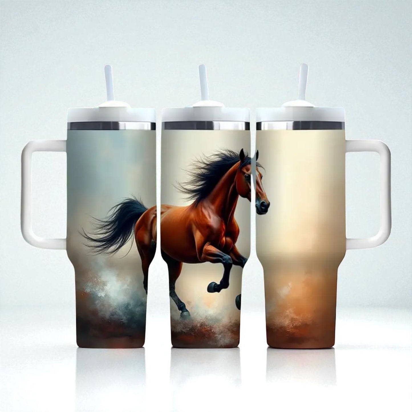 40oz Tumbler "Cantering Bay horse" large cup with handle & straw (201)