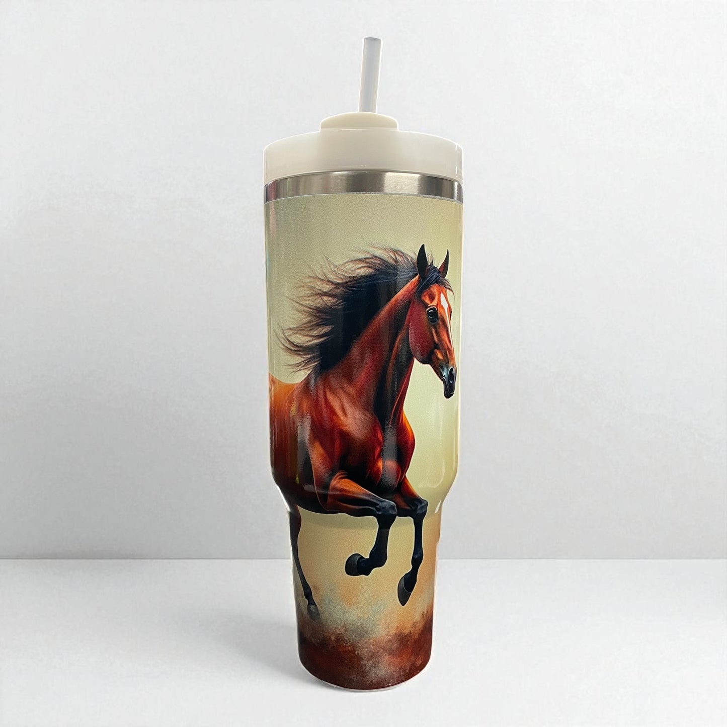 40oz Tumbler "Cantering Bay horse" large cup with handle & straw (201)