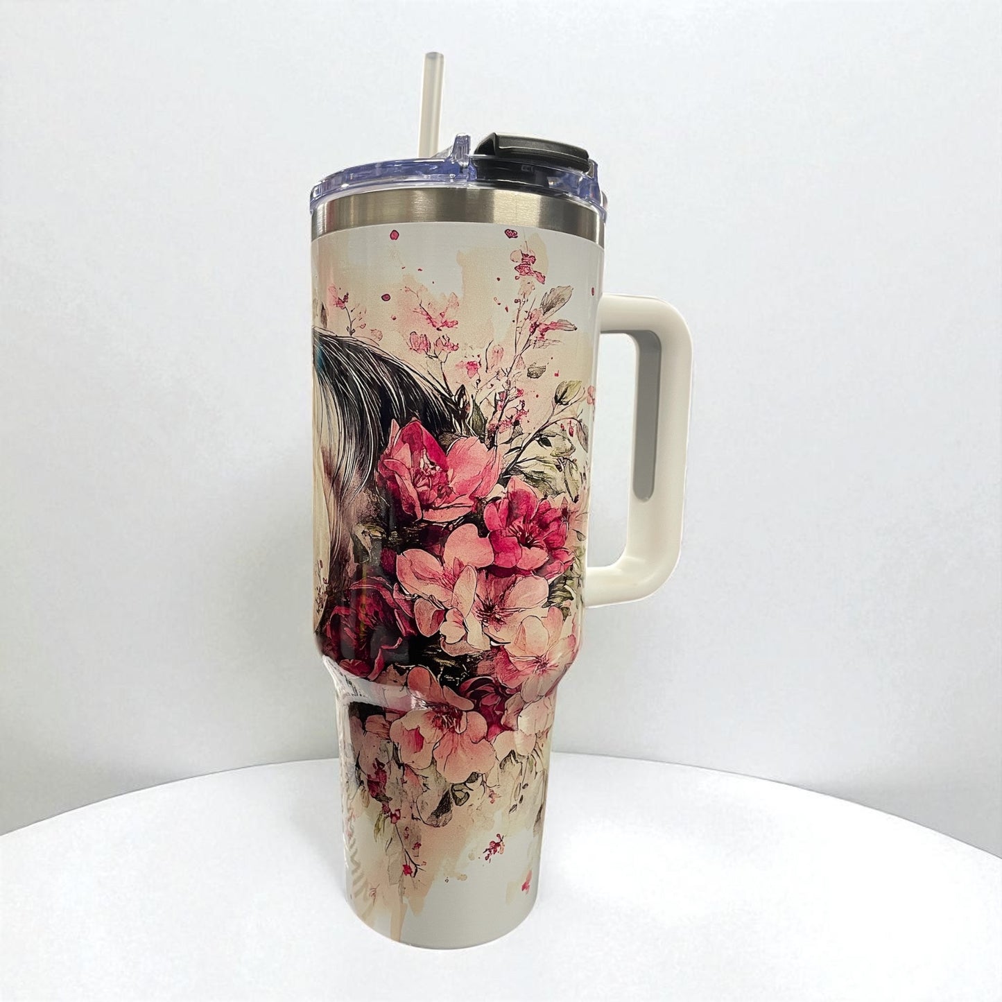 40oz Tumbler "Light coloured horse pink floral" large cup with handle & straw (202)