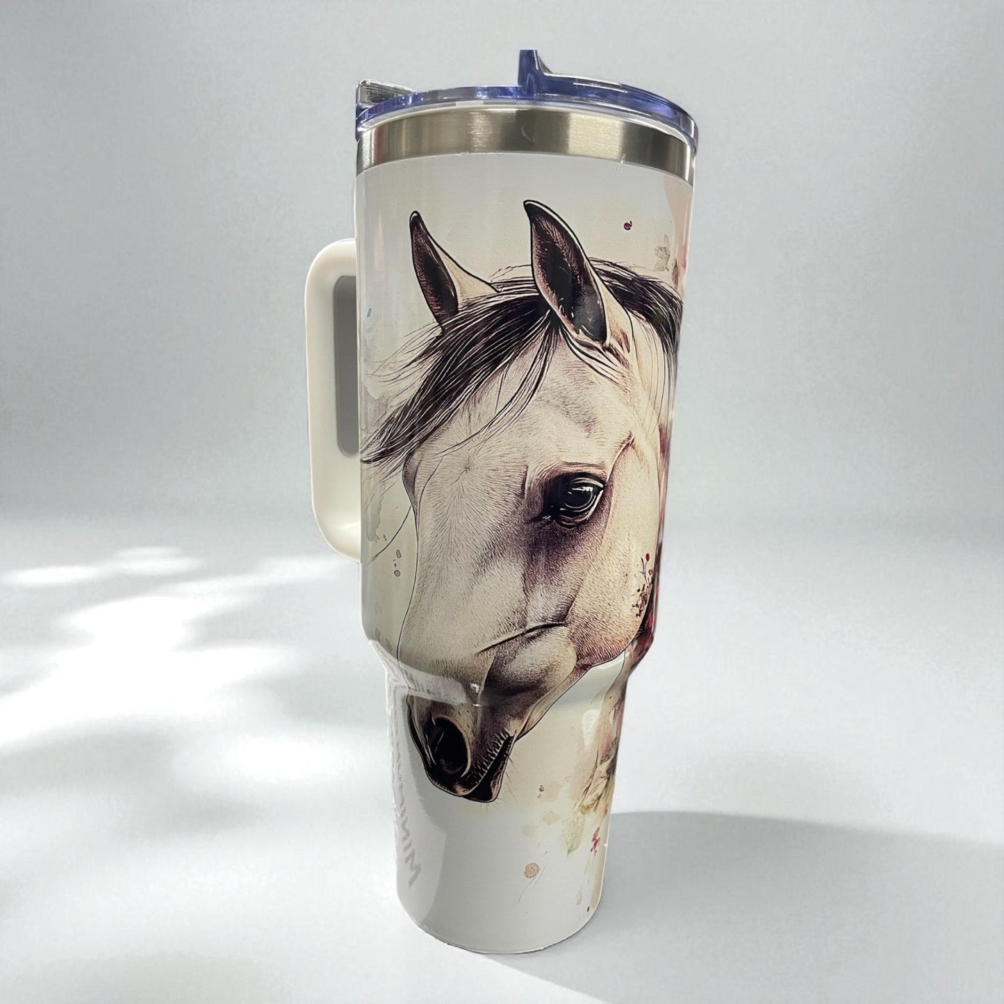 40oz Tumbler "Light coloured horse pink floral" large cup with handle & straw (202)
