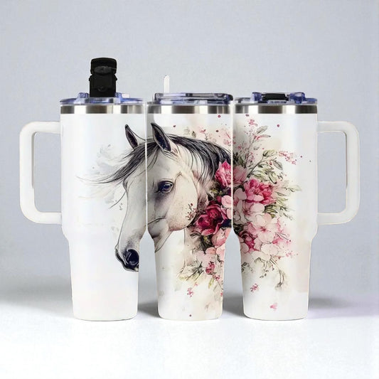 40oz Tumbler "Light coloured horse pink floral" large cup with handle & straw (202)