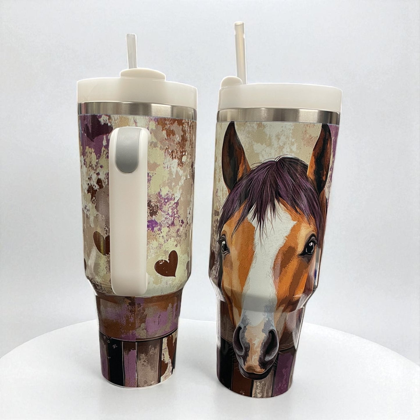 40oz Tumbler "Bay horse with blaze brown/purple" large cup with handle & straw (203)