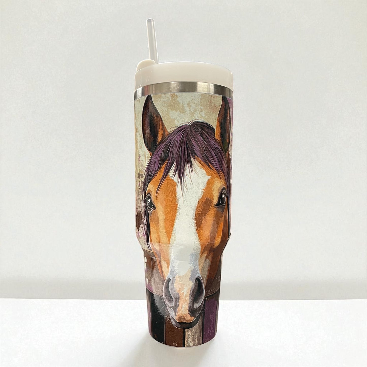 40oz Tumbler "Bay horse with blaze brown/purple" large cup with handle & straw (203)