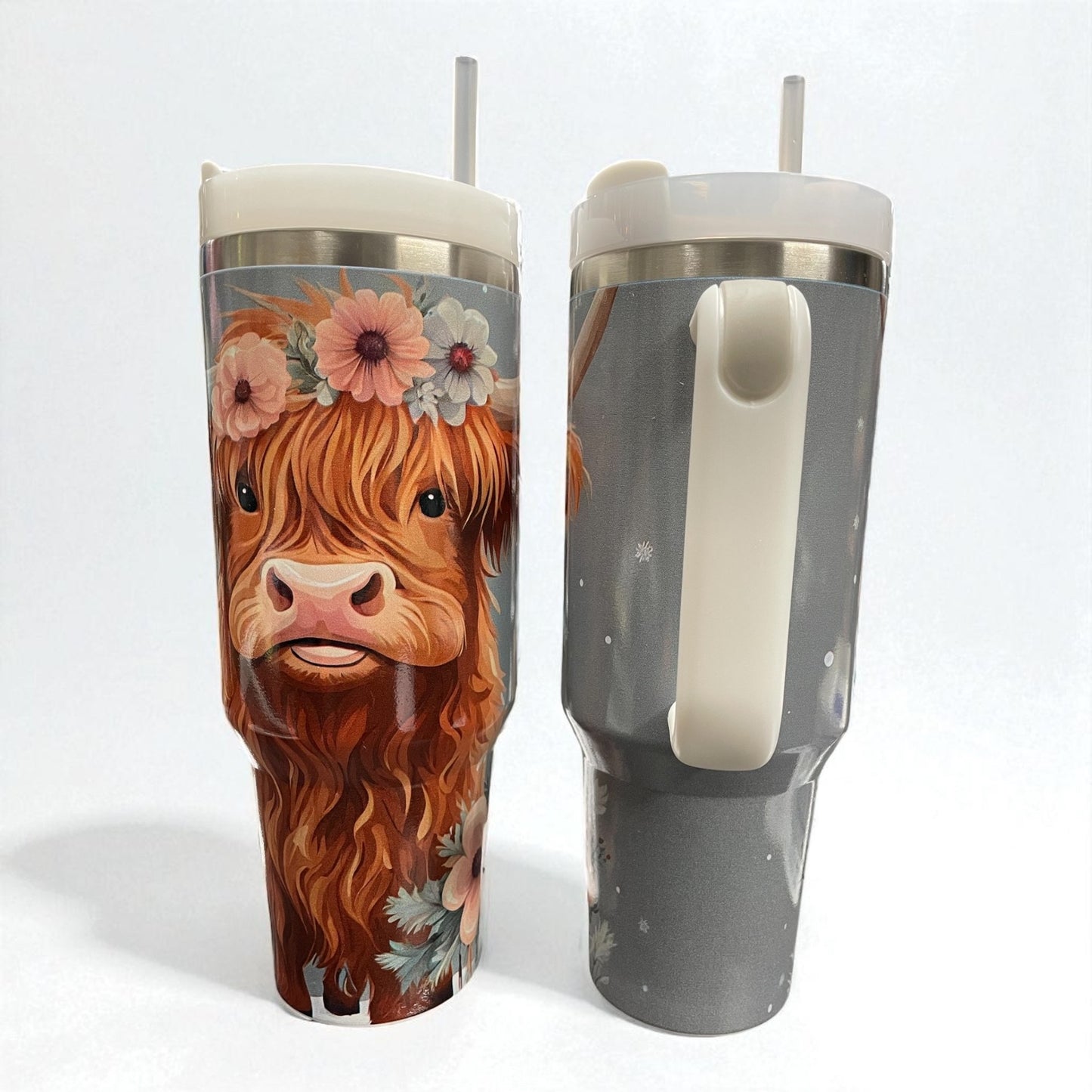 40oz Tumbler "Floral Highland Cow blue/grey/pink" large cup with handle & straw (204)