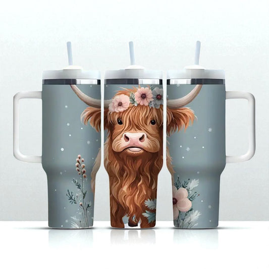 40oz Tumbler "Floral Highland Cow blue/grey/pink" large cup with handle & straw (204)