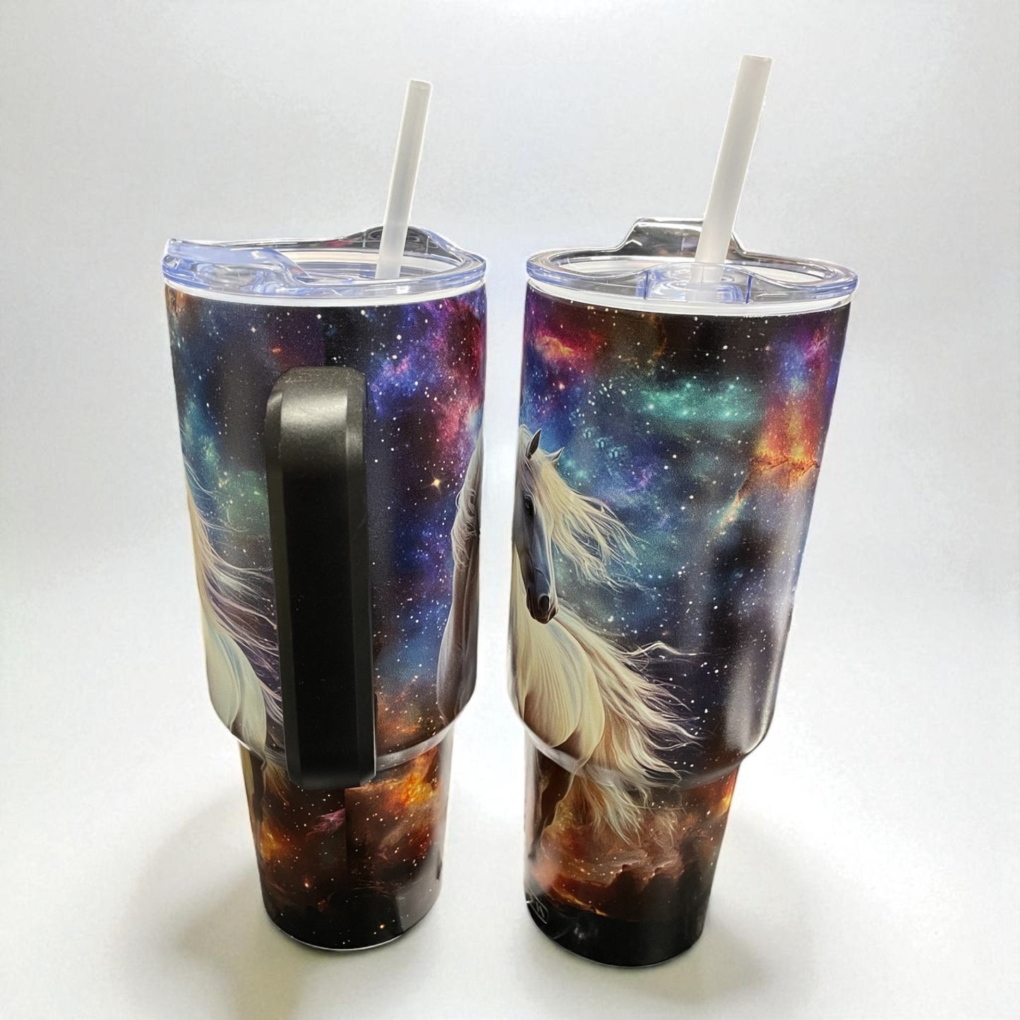 40oz Tumbler "Galaxy grey cantering horses" large cup with handle & straw (205)