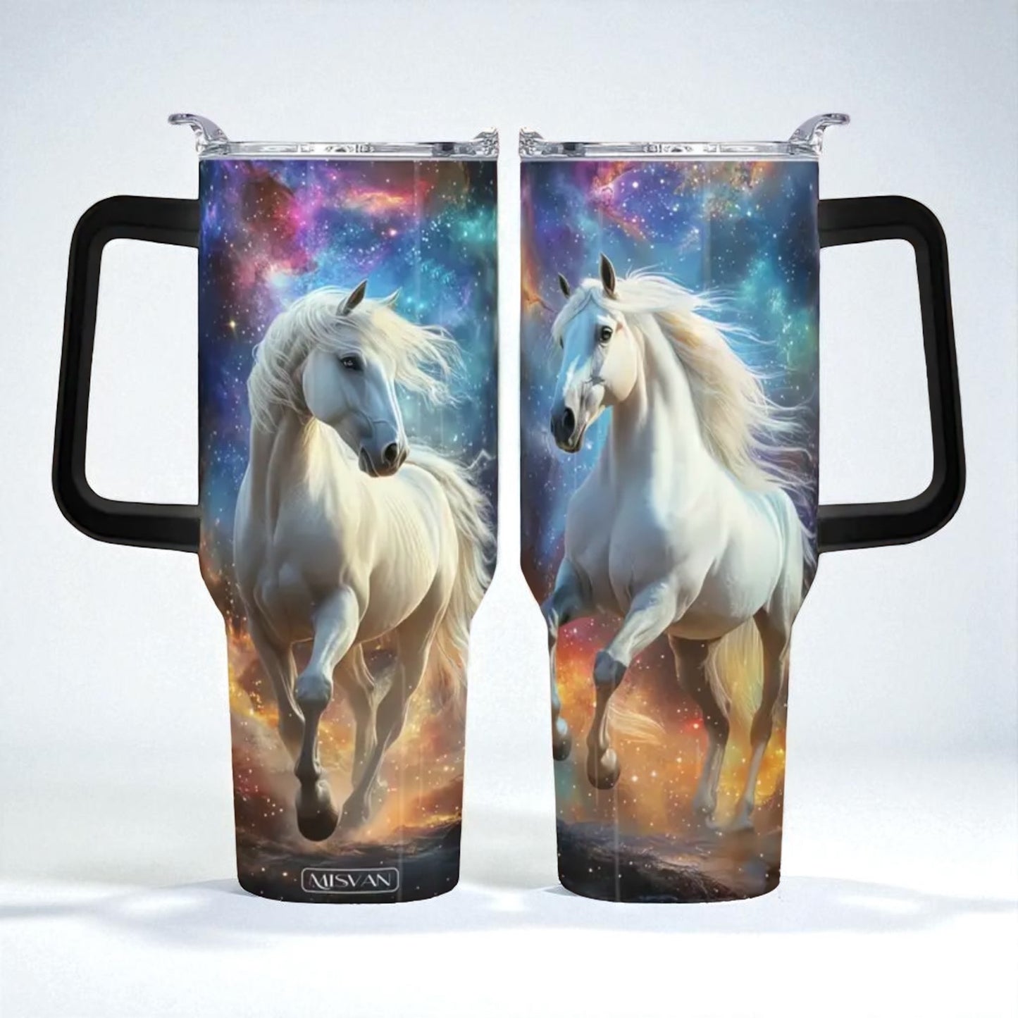 40oz Tumbler "Galaxy grey cantering horses" large cup with handle & straw (205)