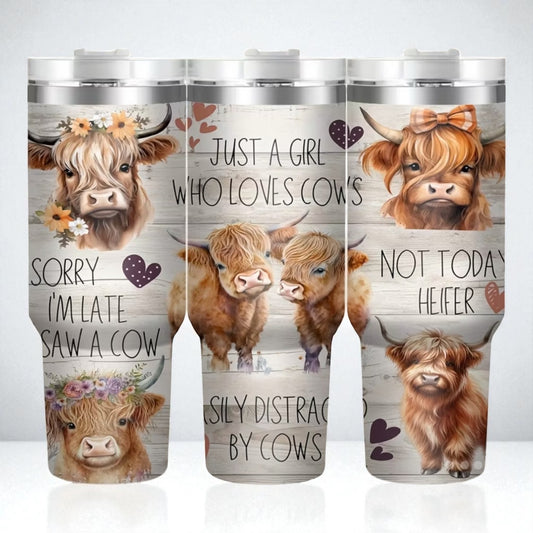 40oz Tumbler "Cute and funny highland cows" large cup with handle & straw (206)