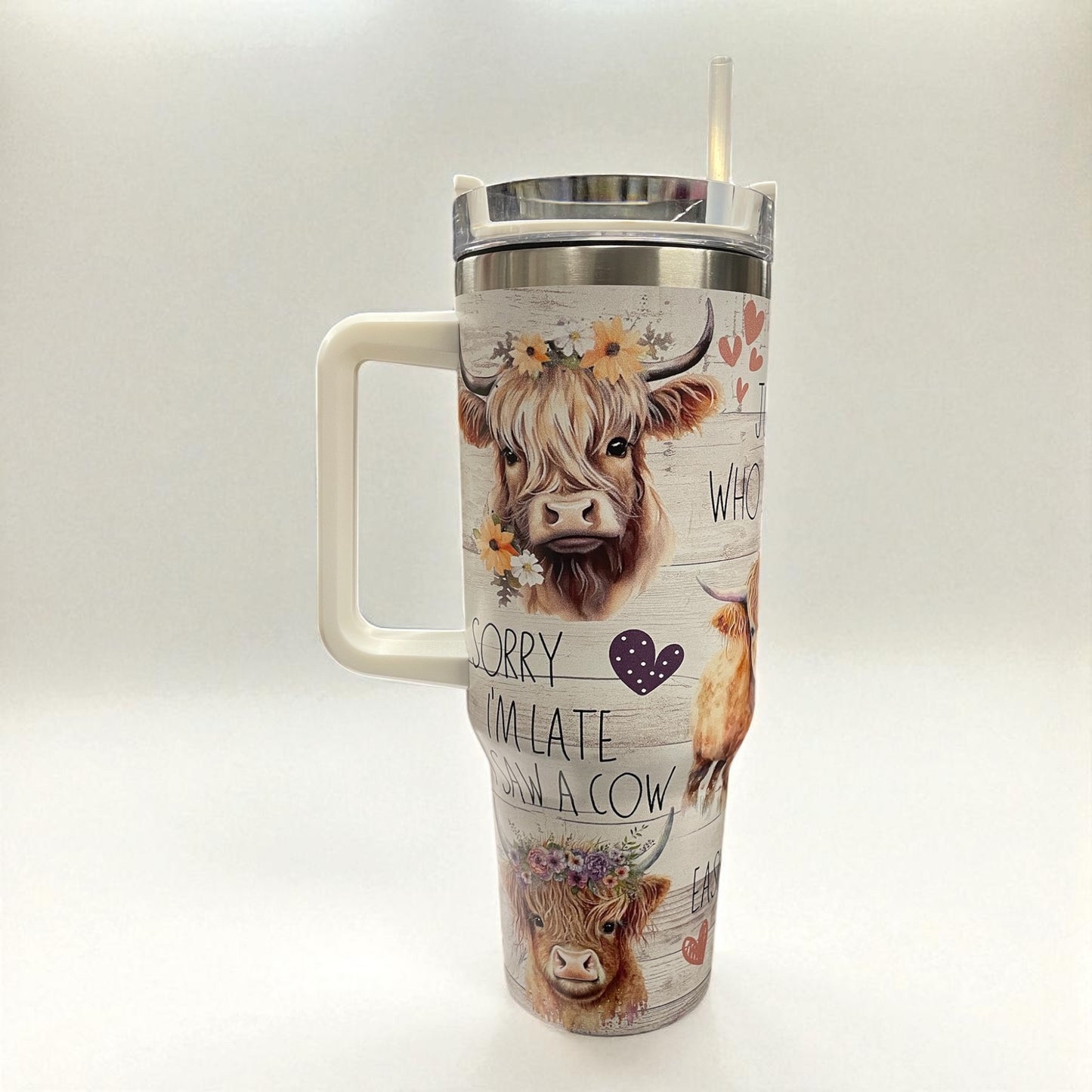 40oz Tumbler "Cute and funny highland cows" large cup with handle & straw (206)
