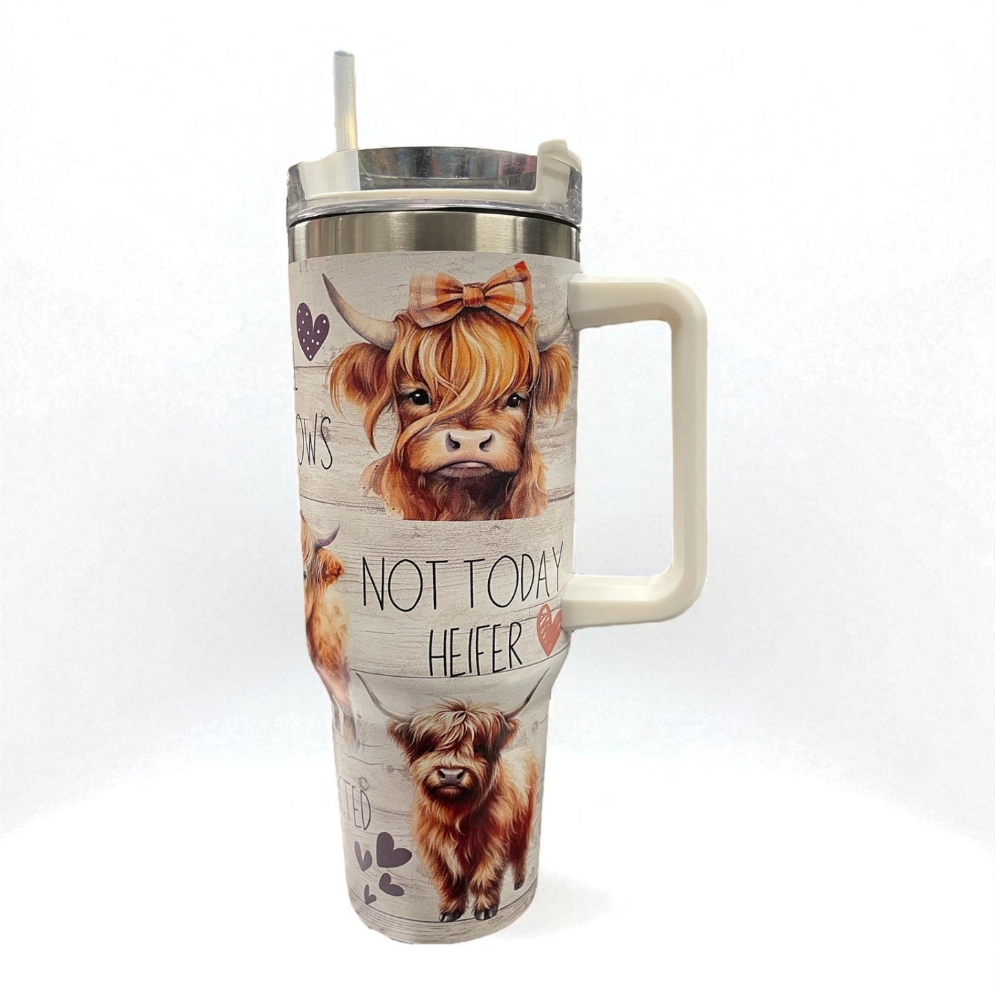 40oz Tumbler "Cute and funny highland cows" large cup with handle & straw (206)