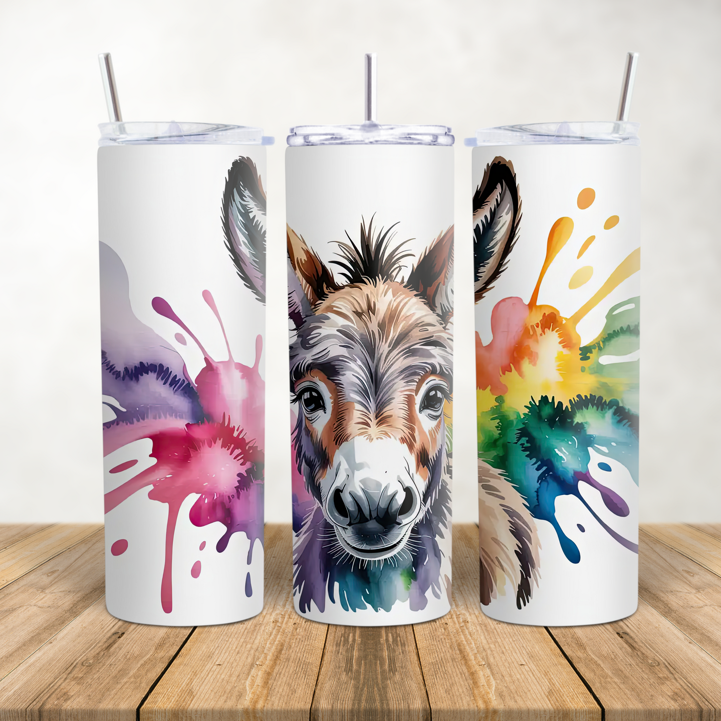20oz Skinny tumbler for hot and cold drinks "Colour splash donkey face"