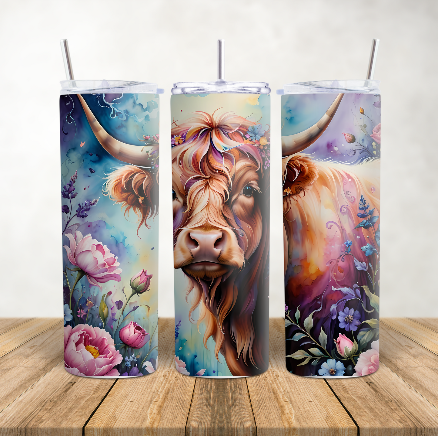 20oz Skinny Tumbler for hot & cold drinks Floral Highland Cow