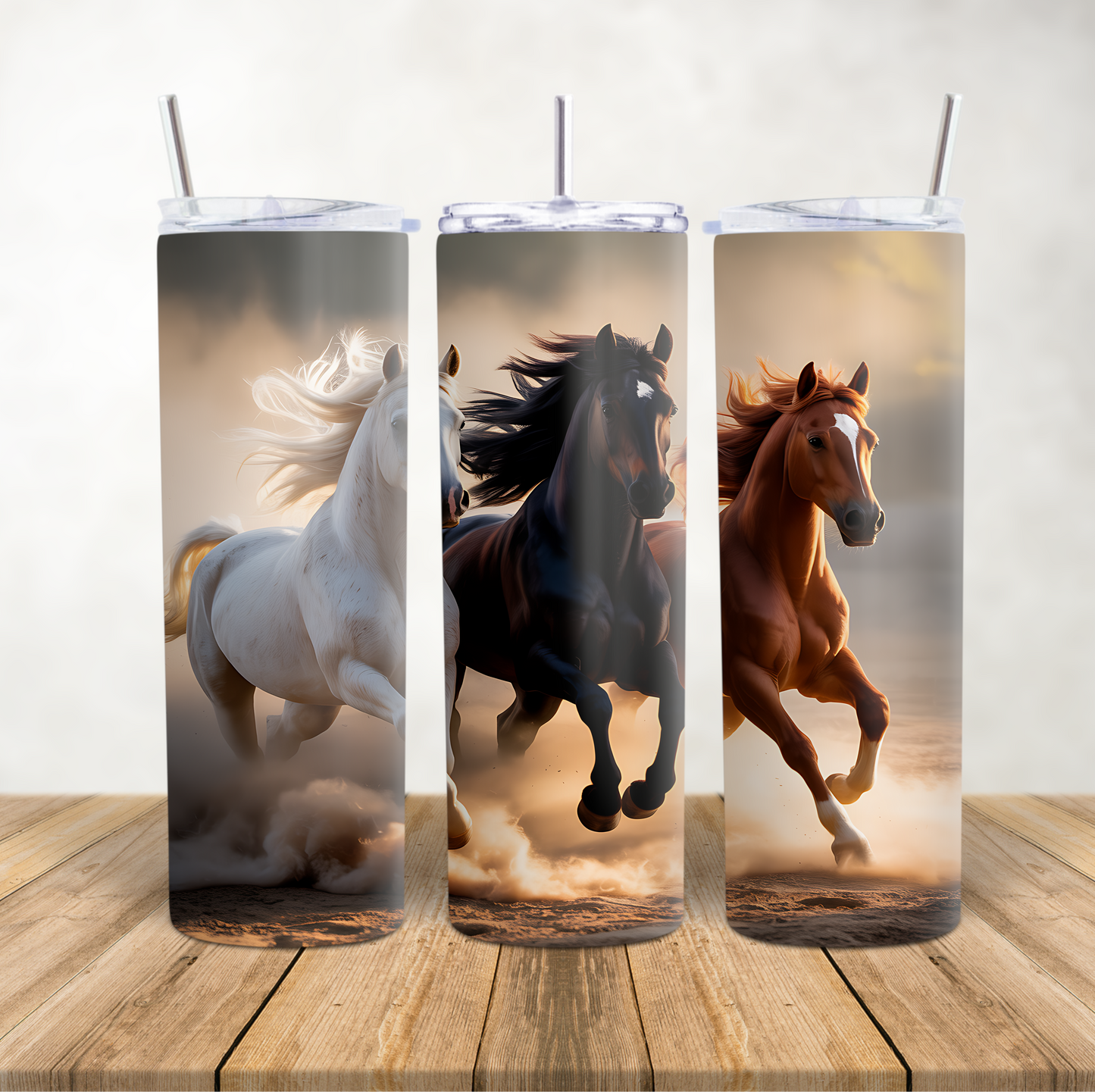 20oz Skinny Tumbler for hot & cold drinks "Galloping Grey, Bay, Chestnut horses"