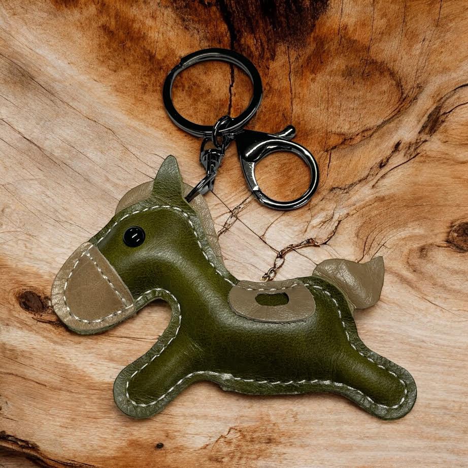 PU Leather look cantering horse keyring keychain bag charm with black fittings