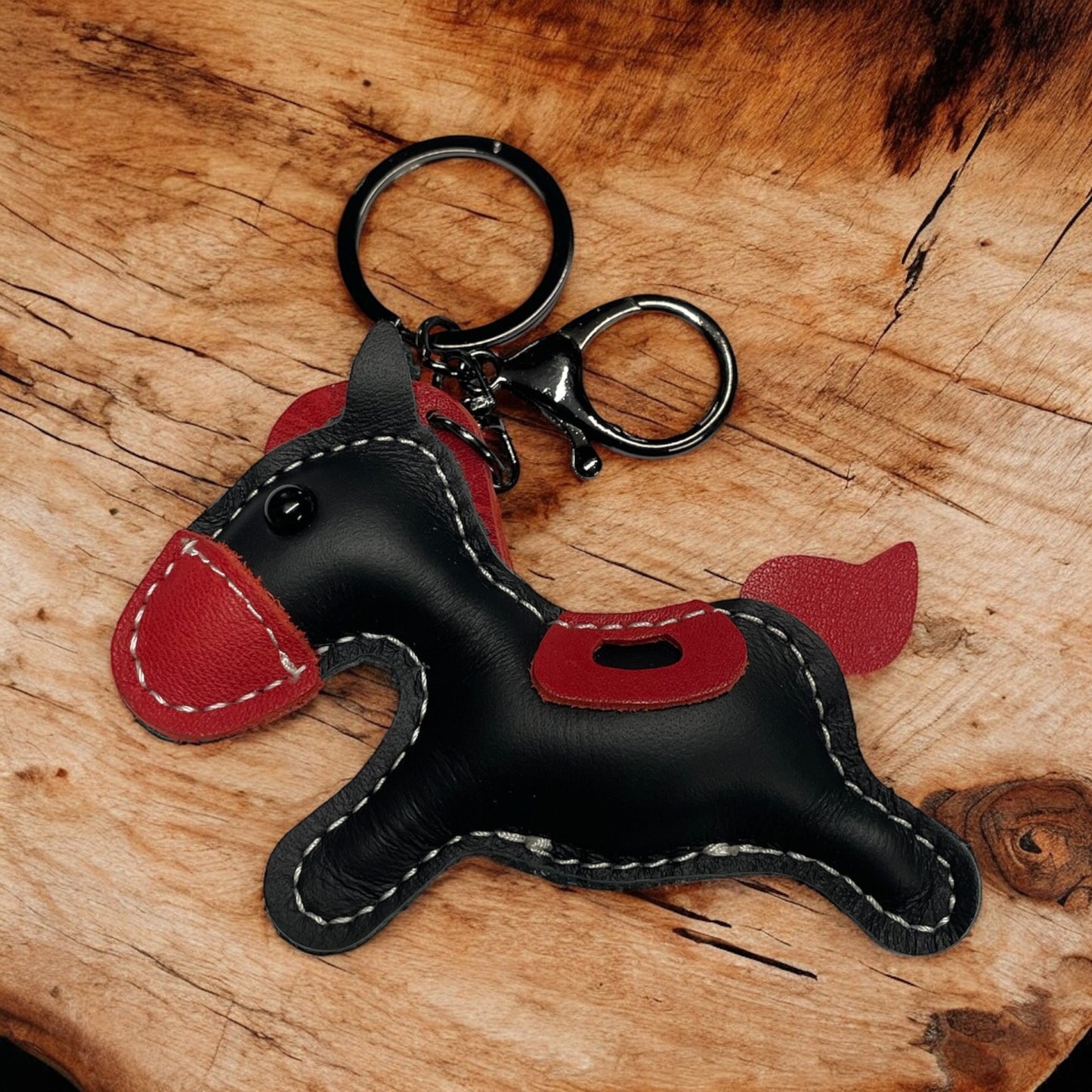 PU Leather look cantering horse keyring keychain bag charm with black fittings