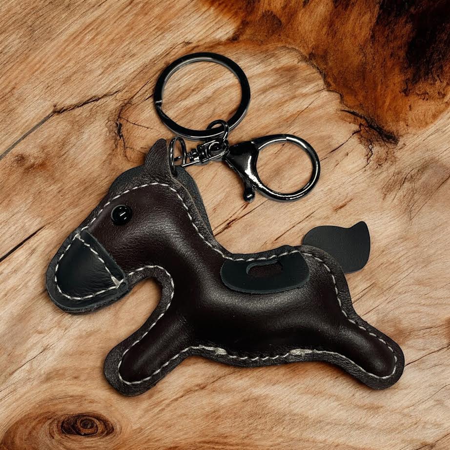 PU Leather look cantering horse keyring keychain bag charm with black fittings