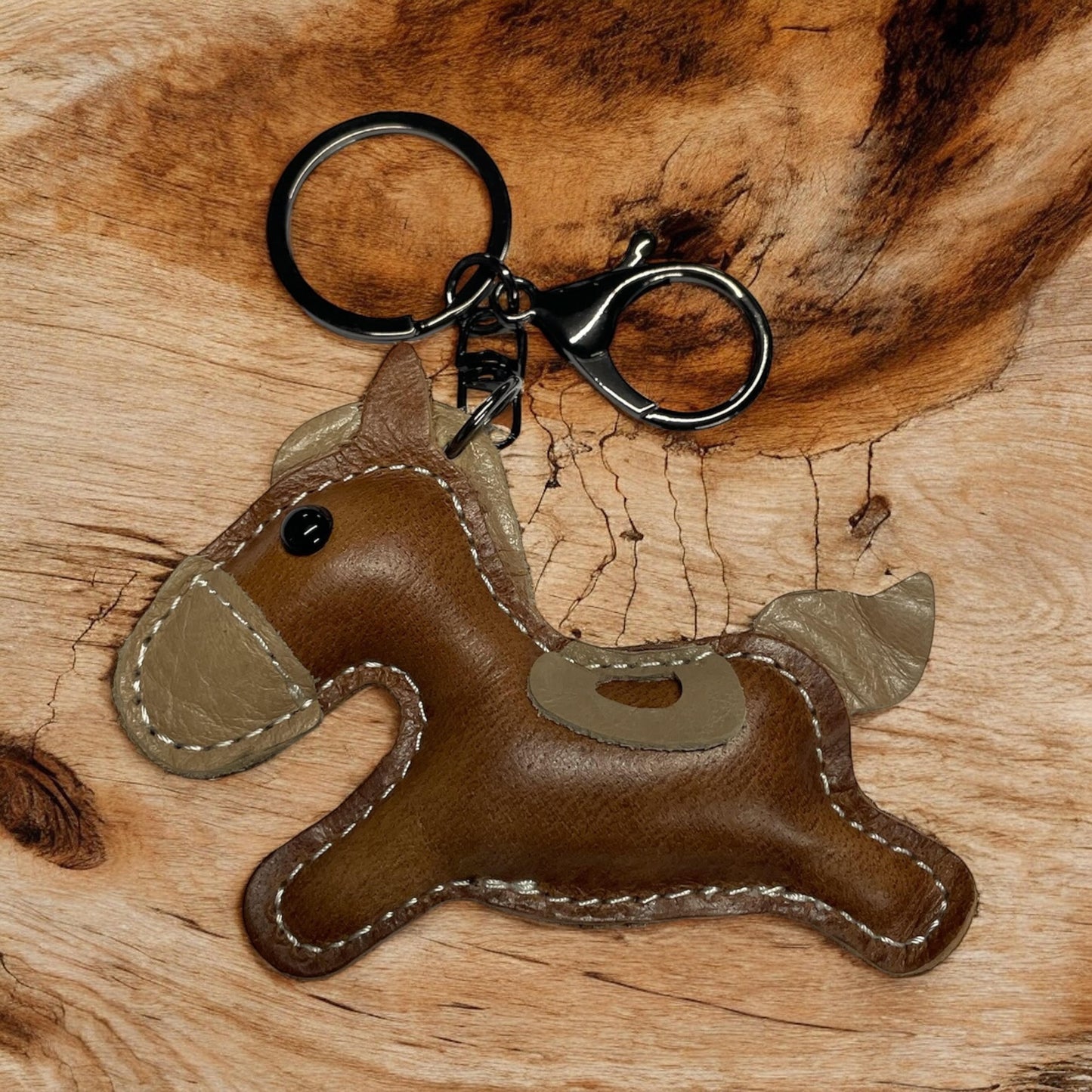 PU Leather look cantering horse keyring keychain bag charm with black fittings