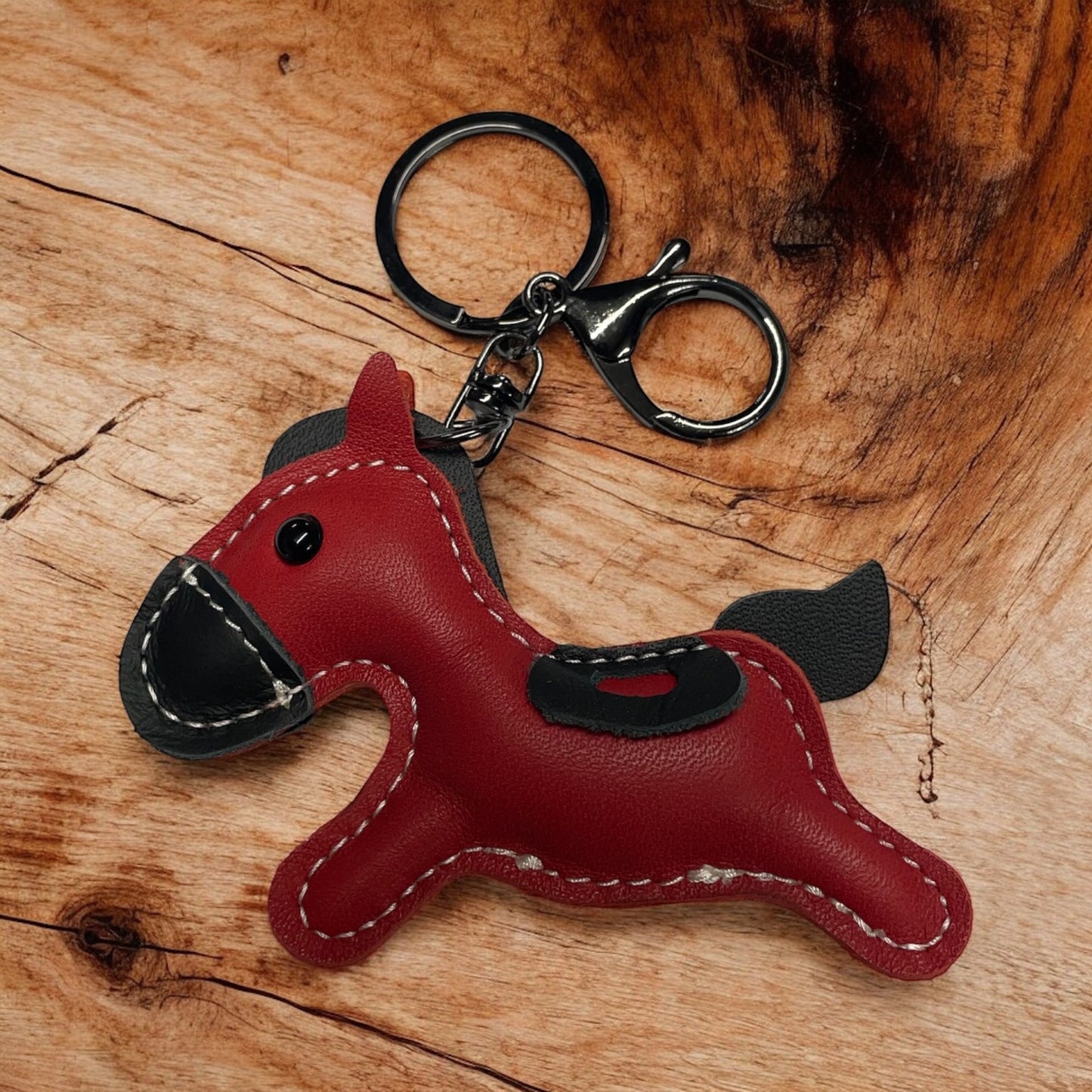 PU Leather look cantering horse keyring keychain bag charm with black fittings