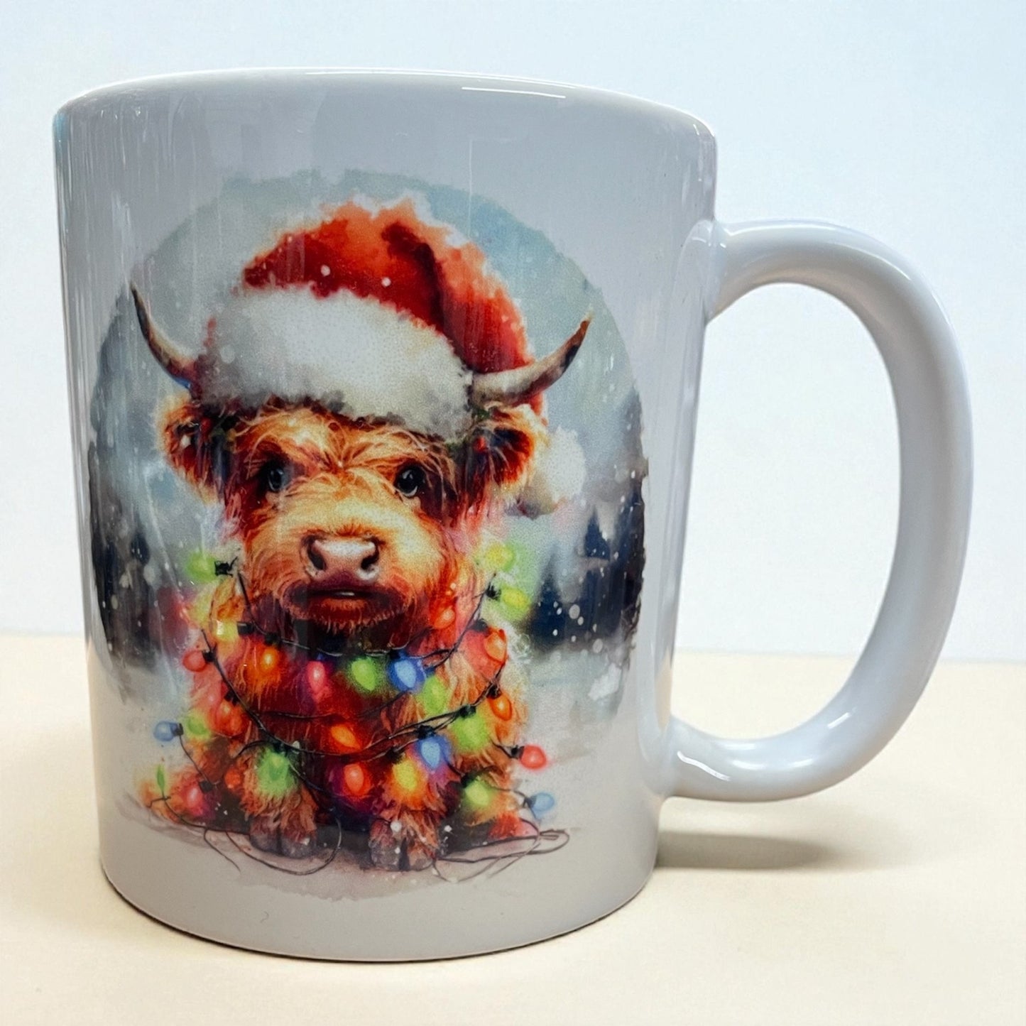 Cute Santa Highland Cow with Christmas tree lights ceramic mug 11oz