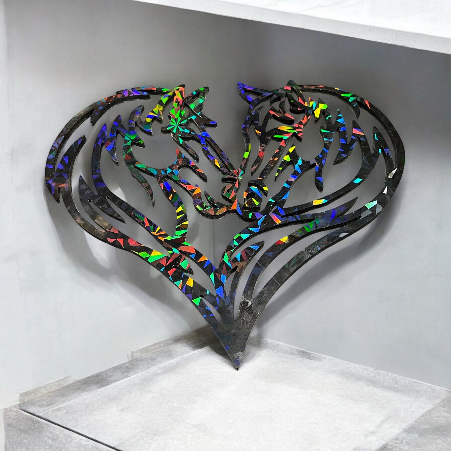 Holographic rainbow horse heads/heart resin wall art