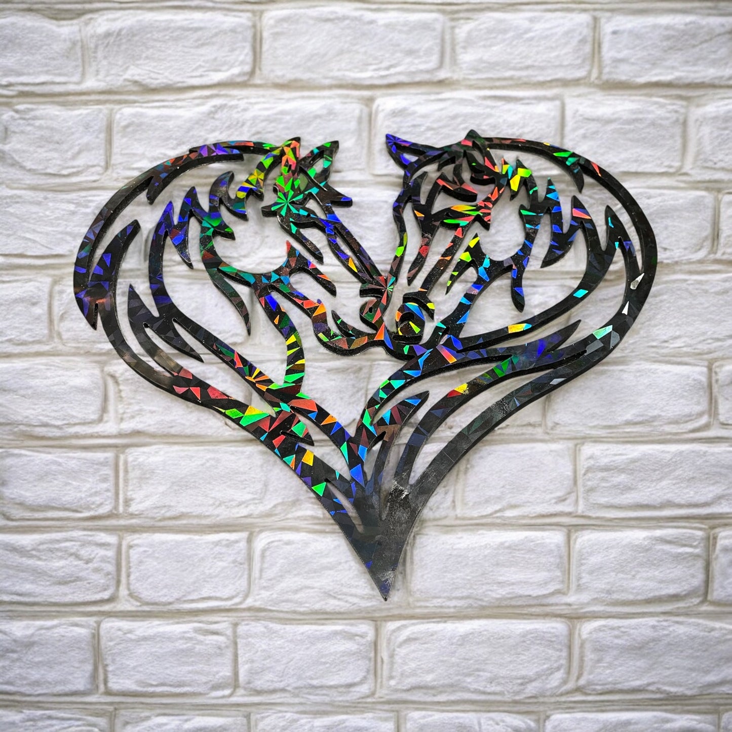 Holographic rainbow horse heads/heart resin wall art