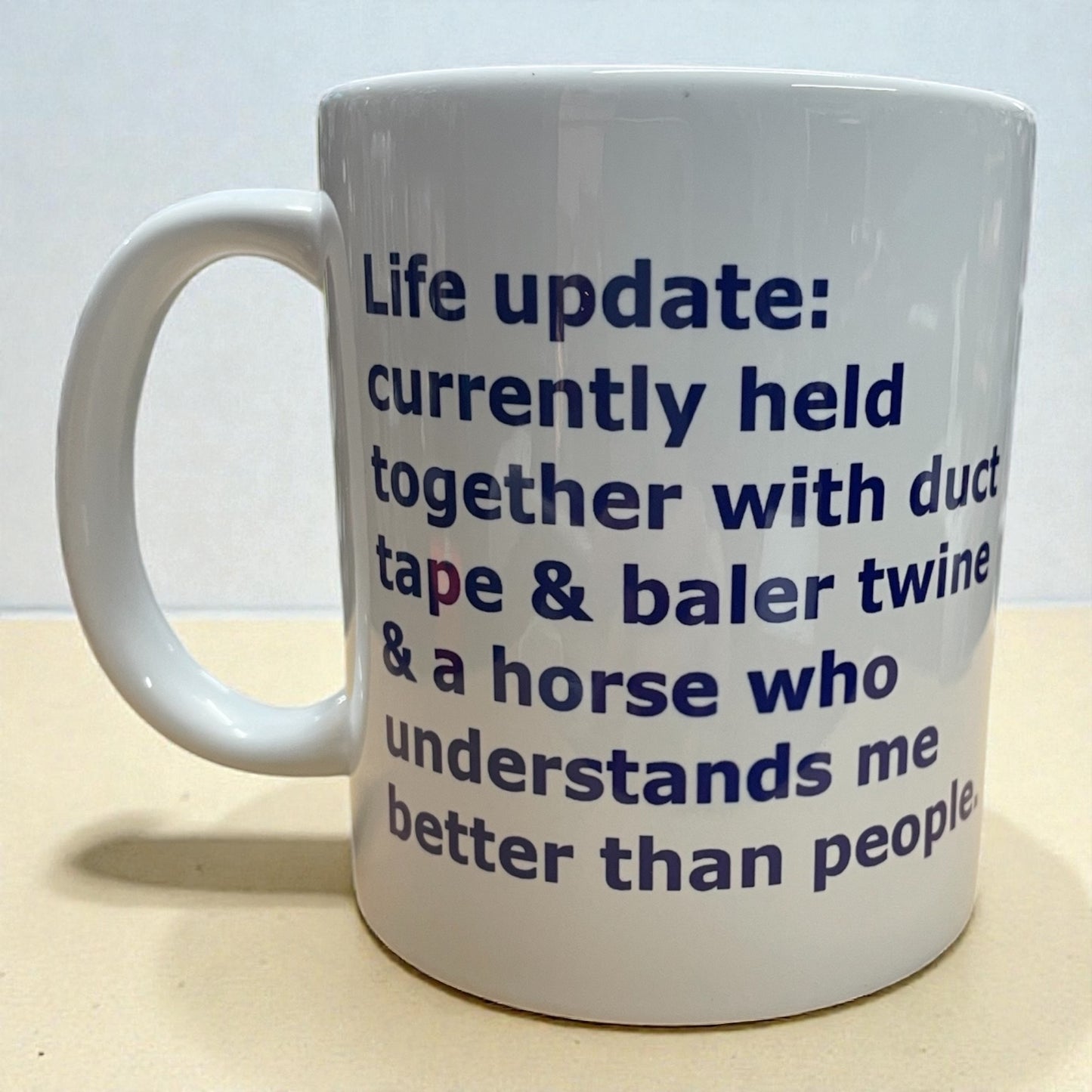 Equestrian horse theme funny ceramic mug 11oz held together with duct tape & baler twine