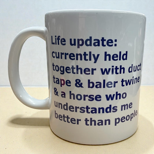 Equestrian horse theme funny ceramic mug 11oz held together with duct tape & baler twine