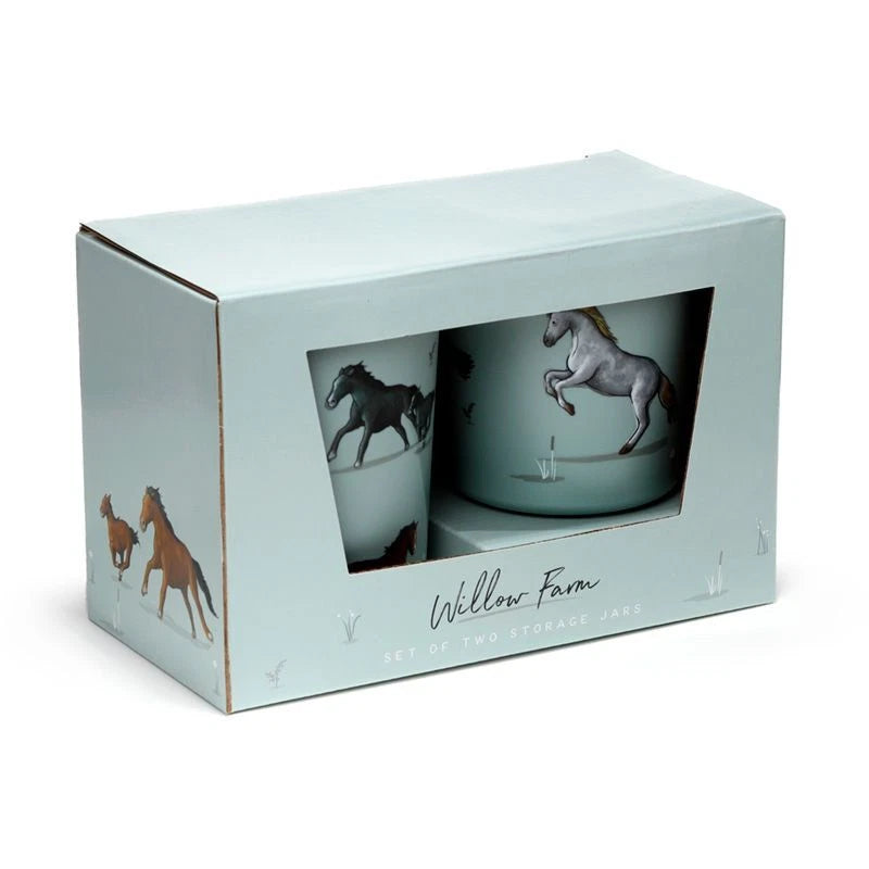 Set of 2 Willow Farm storage jars horse themed blue